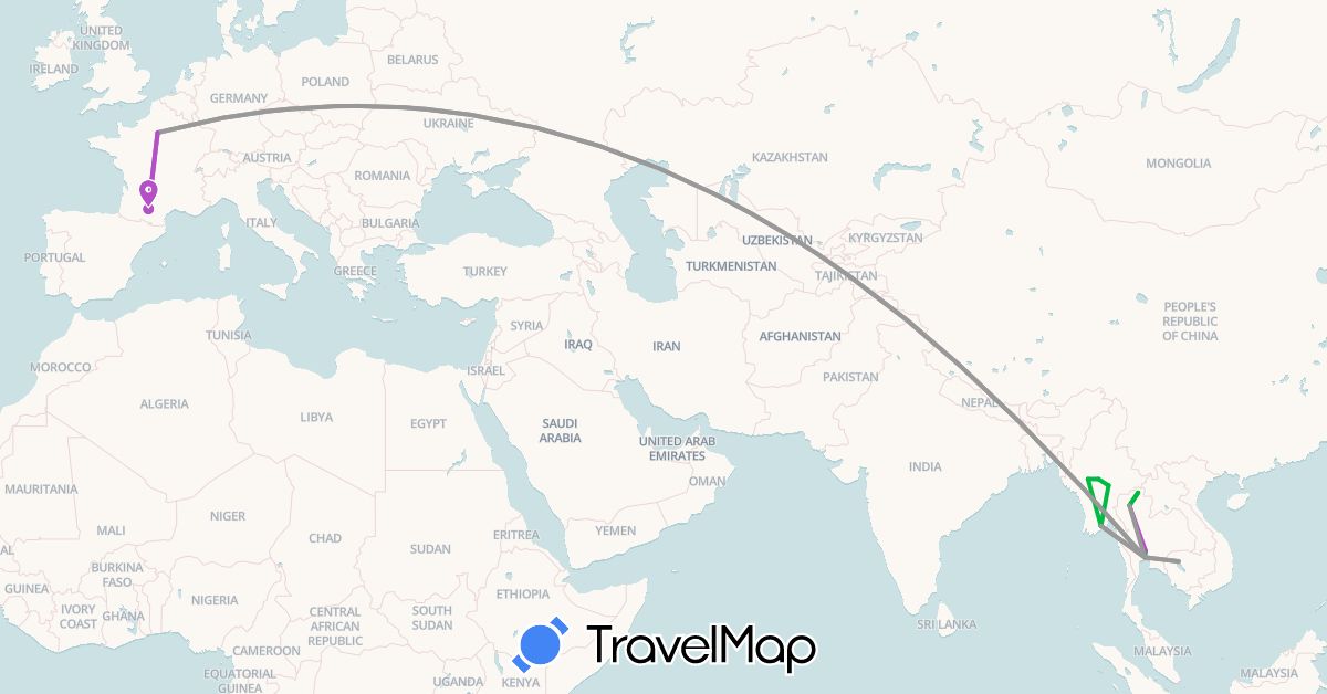 TravelMap itinerary: bus, plane, train in France, Cambodia, Myanmar (Burma), Thailand (Asia, Europe)